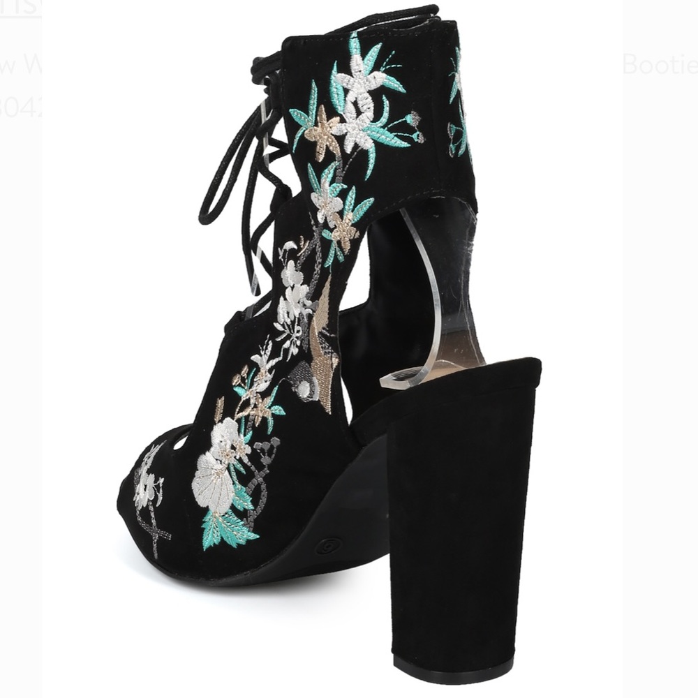 NWOB Faux Suede Peep Toe Embroidered Heel Bootie - Picture 3 of 6